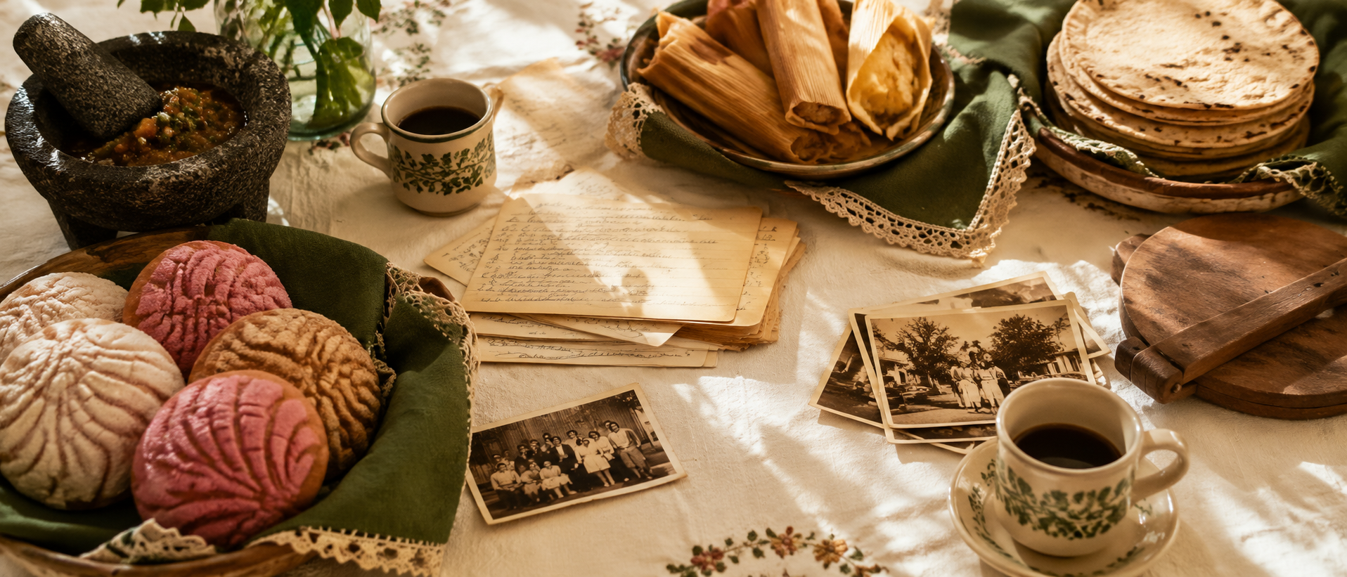 Handwritten recipes, vintage family photographs, and tamales on a table — a century of Elsa